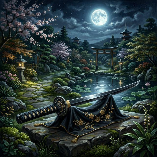 Weapon card art &mdash; katana in a moonlit garden